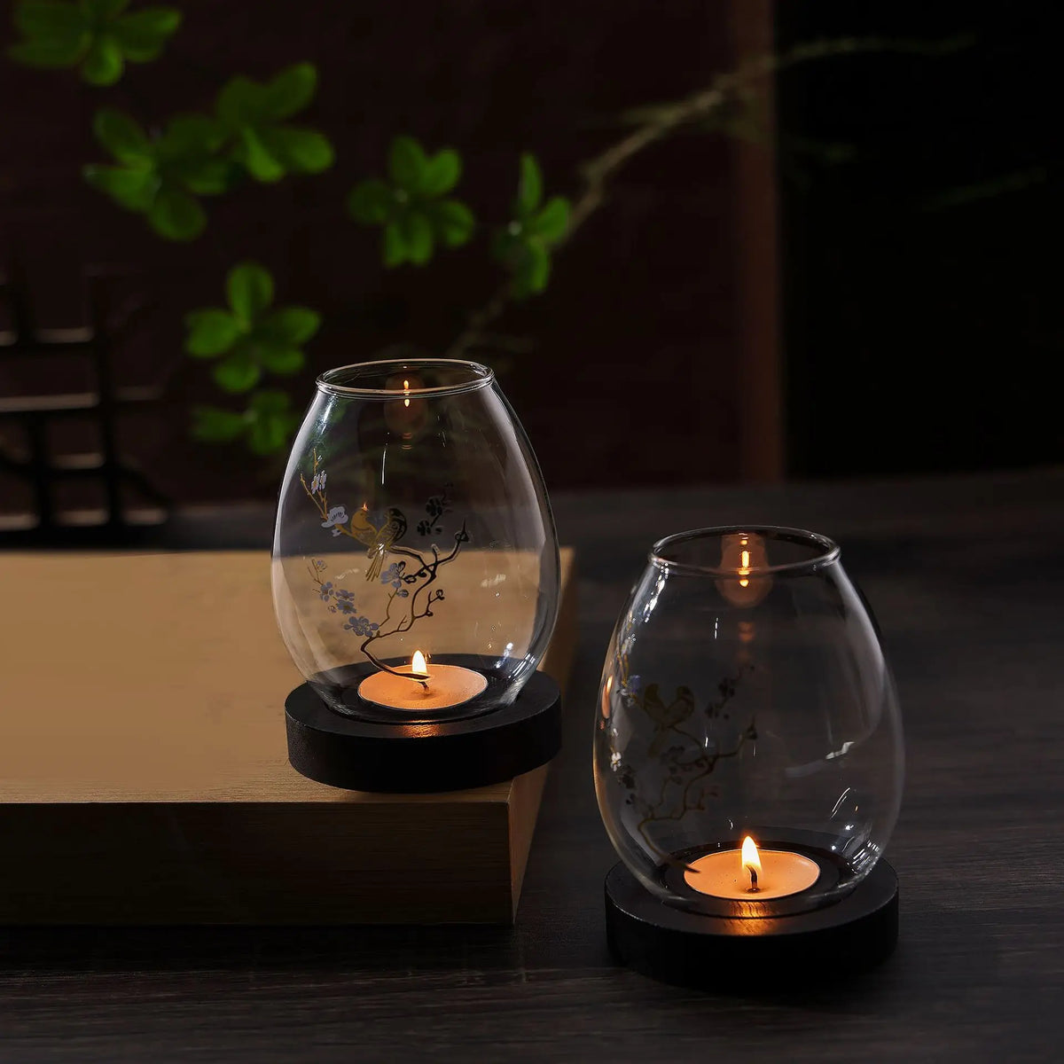 Glass & Wood Tealight Candle Holder