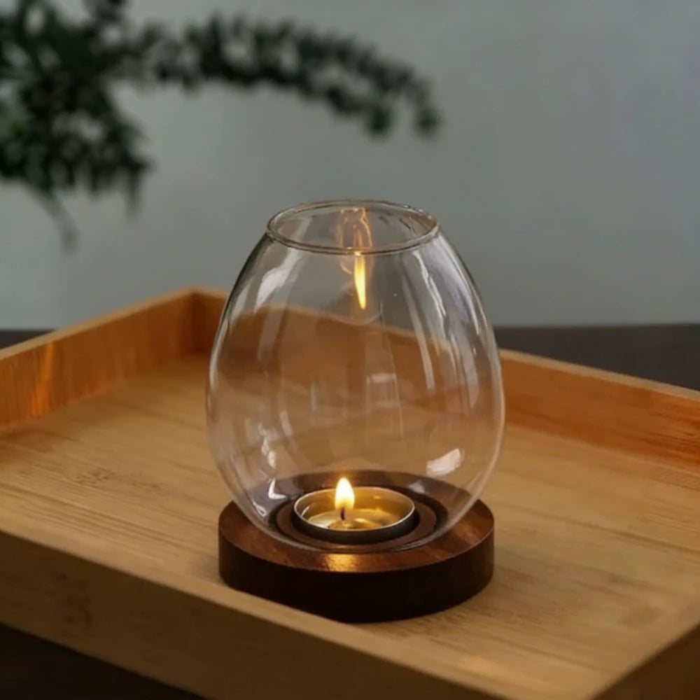 Glass & Wood Tealight Candle Holder